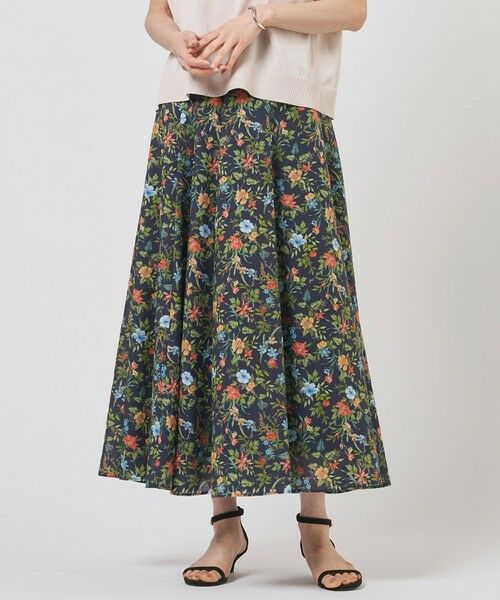 L size ONWARD(大きいサイズ) / エルサイズオンワード ミニ・ひざ丈スカート | スパンボタニカル プリント ロング フレア スカート（ネイビー系）