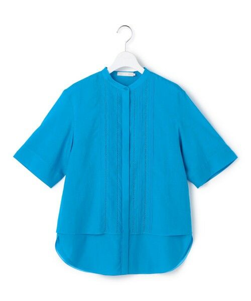 L size ONWARD(大きいサイズ) / エルサイズオンワード シャツ・ブラウス | リネンスラブローン バンドカラーデザインシャツ（ターコイズ）