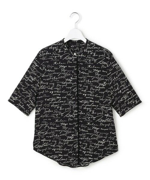 L size ONWARD(大きいサイズ) / エルサイズオンワード シャツ・ブラウス | 【30th ANNIVERSARY】5cityプリント バンドカラーブラウス（ブラック×オフホワイト）