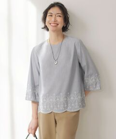 L size ONWARD(大きいサイズ) / エルサイズオンワード シャツ・ブラウス | 【一枚で着映え】ストライプ×エンブロイダリー クルーネック ブラウス