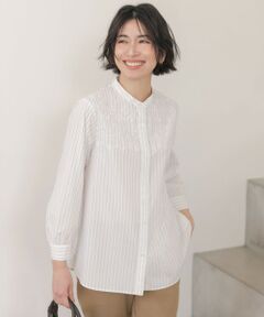 L size ONWARD(大きいサイズ) / エルサイズオンワード シャツ・ブラウス | 【一枚で着映え】ストライプ×エンブロイダリー バンドカラー ブラウス