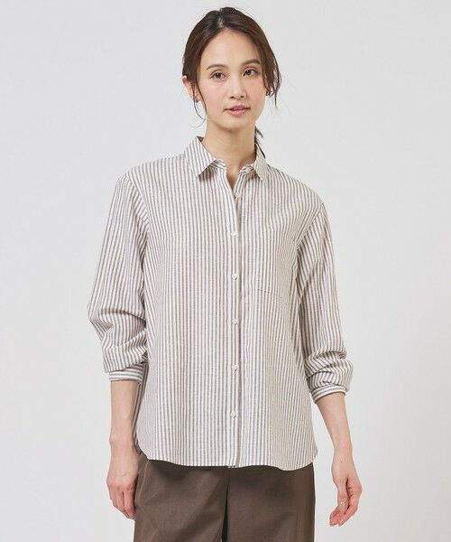 L size ONWARD(大きいサイズ) / エルサイズオンワード シャツ・ブラウス | リネンMIX ストライプ シャツ ブラウス（ブラウンストライプ系）