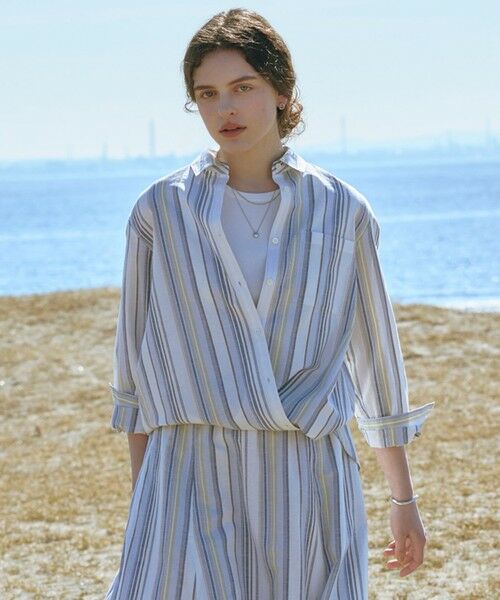 L size ONWARD(大きいサイズ) / エルサイズオンワード シャツ・ブラウス | リネンMIX ストライプ シャツ ブラウス（ブルーマルチ系）