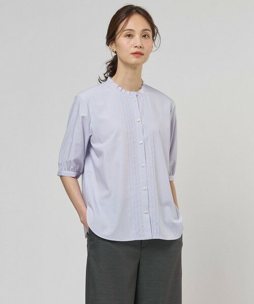 L size ONWARD(大きいサイズ) / エルサイズオンワード シャツ・ブラウス | 【一枚で着映え】ソフトストライプ フリル襟 ブラウス（サックスブルーストライプ系）