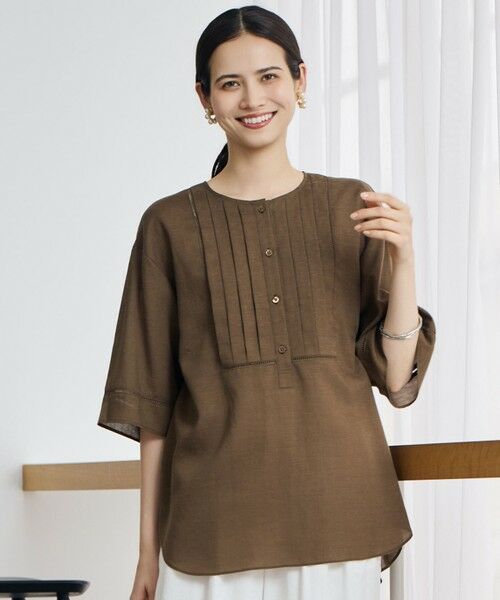 L size ONWARD(大きいサイズ) / エルサイズオンワード シャツ・ブラウス | ナチュラルリネンタックデザイン ブラウス（モカ）