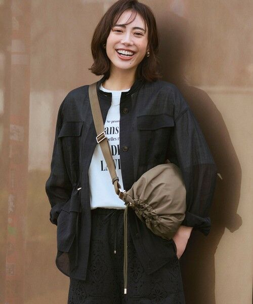 L size ONWARD(大きいサイズ) / エルサイズオンワード シャツ・ブラウス | 【見上愛さん着用】リネンミックスシアースラブ ミリタリージャケット（ブラック系）