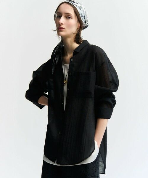 L size ONWARD(大きいサイズ) / エルサイズオンワード シャツ・ブラウス | 【一部予約】リネンミックスシアースラブ オーバーシャツ（ブラック系）