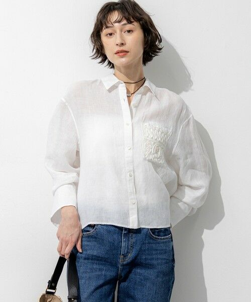 L size ONWARD(大きいサイズ) / エルサイズオンワード シャツ・ブラウス | LIBECOリネン ポケット刺繍 クロップドシャツ（ホワイト系）