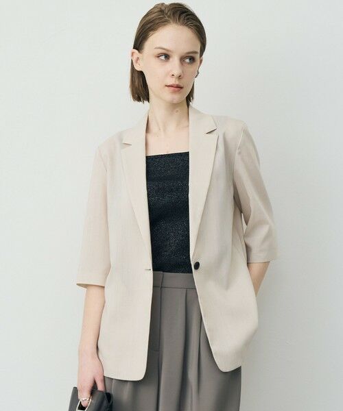 L size ONWARD(大きいサイズ) / エルサイズオンワード テーラードジャケット | Peラミーシアータフタ 半袖ジャケット（サンドベージュ）