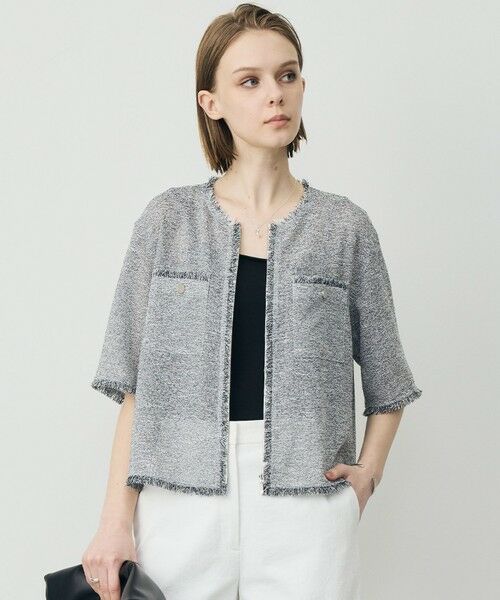 L size ONWARD(大きいサイズ) / エルサイズオンワード ノーカラージャケット | サマーレノクロス ハーフスリーブジャケット（オフホワイト×ブラック）