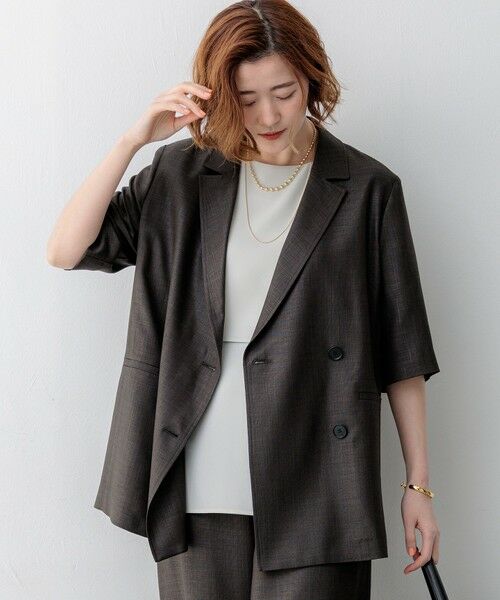 L size ONWARD(大きいサイズ) / エルサイズオンワード その他アウター | リネンライクグロッシー ハーフスリーブ ダブル ジャケット（グレー系）