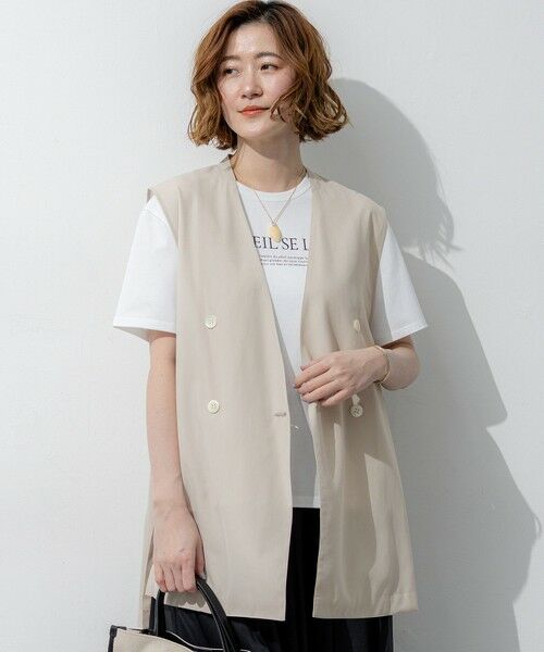 L size ONWARD(大きいサイズ) / エルサイズオンワード その他アウター | ライトシアーマットクロス ノーカラー ジレ（ベージュ系）