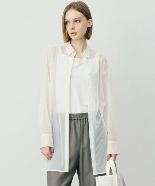 L size ONWARD(大きいサイズ) / エルサイズオンワード シャツ・ブラウス | ハイゲージチュール ロングシャツ（オフホワイト）