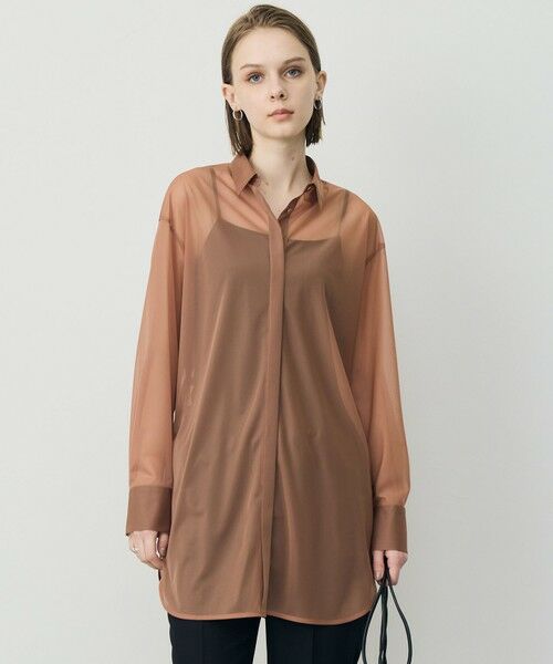L size ONWARD(大きいサイズ) / エルサイズオンワード シャツ・ブラウス | ハイゲージチュール ロングシャツ（アンバーブラウン）