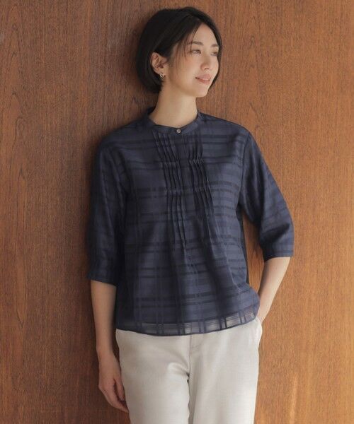 L size ONWARD(大きいサイズ) / エルサイズオンワード カットソー | シアーチェック カットソー（ダルブルー系）