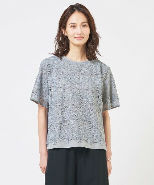L size ONWARD(大きいサイズ) / エルサイズオンワード カットソー | レースコンビジャージー カットソー（グレイッシュブルー系）