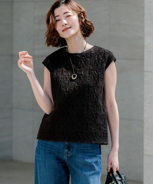 L size ONWARD(大きいサイズ) / エルサイズオンワード カットソー | 【先行予約】コードエンブロイダリージャージー フレンチスリーブ カットソー（ダークブラウン系）