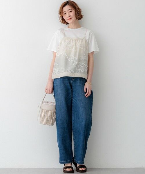 L size ONWARD(大きいサイズ) / エルサイズオンワード カットソー | シアーエンブロイダリー キャミソール コンビ Tシャツ | 詳細1