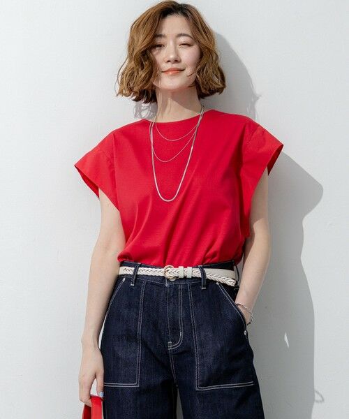 L size ONWARD(大きいサイズ) / エルサイズオンワード カットソー | スムースデザイン タフタスリーブ カットソー（レッド系）