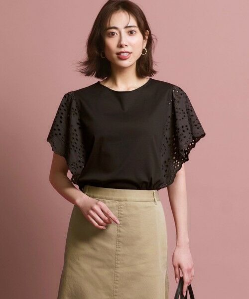 L size ONWARD(大きいサイズ) / エルサイズオンワード カットソー | カットワークエンブロイダリー デザインスリーブ トップス（ダークブラウン系）