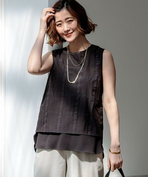 L size ONWARD(大きいサイズ) / エルサイズオンワード シャツ・ブラウス | シアーチェックレイヤード スリーブレス Tブラウス（ダークブラウン系）