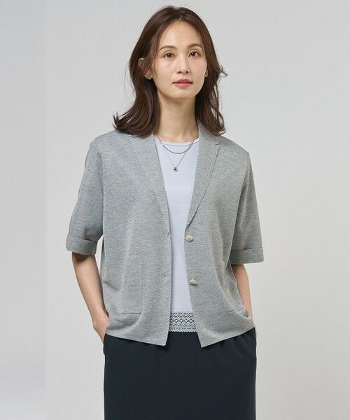 L size ONWARD(大きいサイズ) / エルサイズオンワード テーラードジャケット | Vis/Peスパーク ハーフスリーブ ニットジャケット（グレー系）