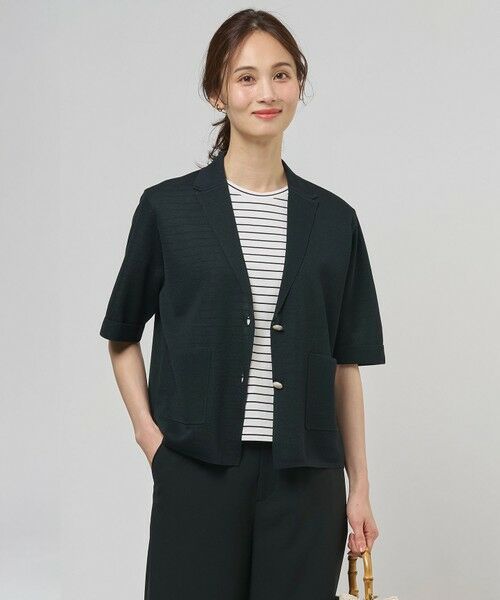 L size ONWARD(大きいサイズ) / エルサイズオンワード テーラードジャケット | Vis/Peスパーク ハーフスリーブ ニットジャケット（ネイビー系）