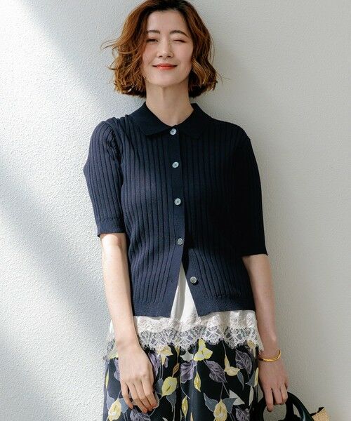 L size ONWARD(大きいサイズ) / エルサイズオンワード ニット・セーター | ワイドリブ 五分袖 ポロニット（ネイビー系）