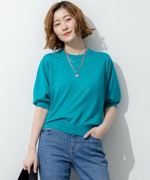 L size ONWARD(大きいサイズ) / エルサイズオンワード ニット・セーター | ピュアリネンハイゲージ パフスリーブ ニット（グリーン系）