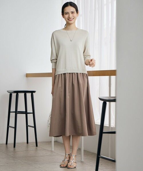 L size ONWARD(大きいサイズ) / エルサイズオンワード ロング・マキシ丈ワンピース | 【人気異素材コンビの最新作・前後着用可】タフタコンビ ワンピース（ベージュ×モカ）