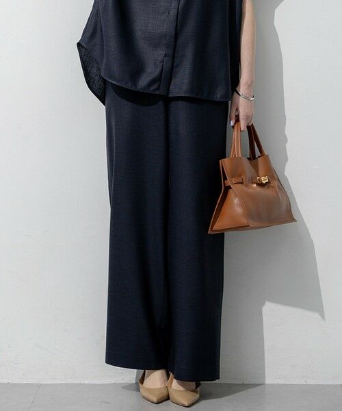 L size ONWARD(大きいサイズ) / エルサイズオンワード その他パンツ | リネンライクグロッシー ワイドパンツ（ネイビー系）