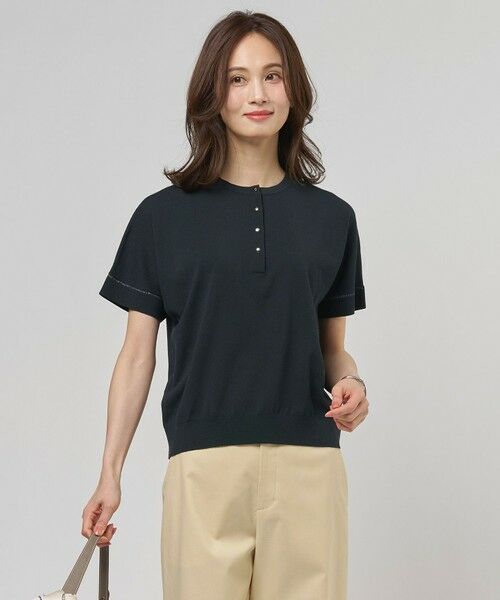 L size ONWARD(大きいサイズ) / エルサイズオンワード ニット・セーター | COOL MINT COTTON POLYESTER ヘンリーネック ニット プルオーバー（ネイビー系）