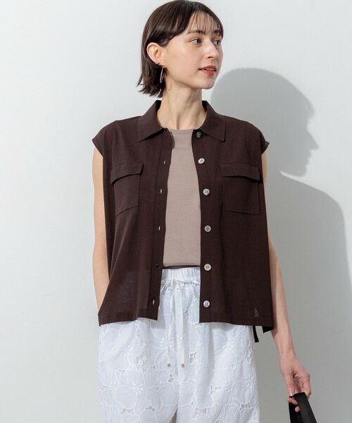 L size ONWARD(大きいサイズ) / エルサイズオンワード ニット・セーター | ハイツイストコットン スリーブレス ポロ ニット（ダークブラウン系）