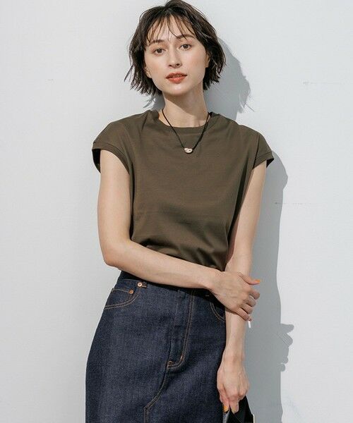 L size ONWARD(大きいサイズ) / エルサイズオンワード カットソー | シルキータッチ フレンチスリーブ Tシャツ（カーキ系）