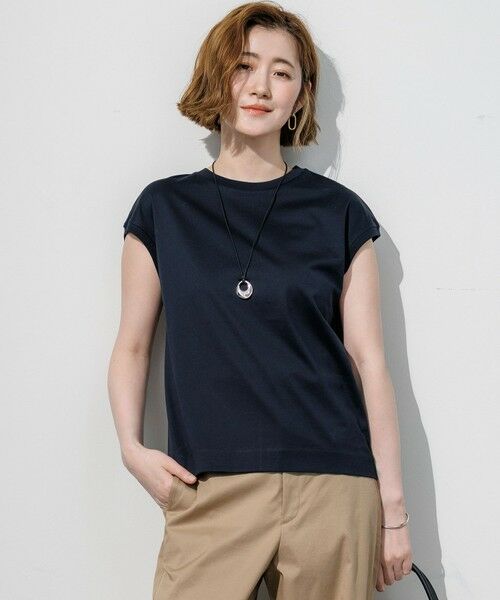L size ONWARD(大きいサイズ) / エルサイズオンワード カットソー | シルキータッチ フレンチスリーブ Tシャツ（ネイビー系）