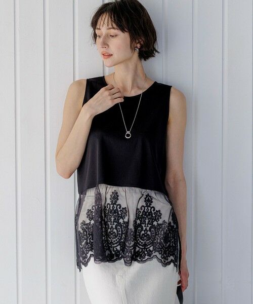 L size ONWARD(大きいサイズ) / エルサイズオンワード タンクトップ | ファインエンブロイダリーコンビ レイヤード カットソー（ブラック系）