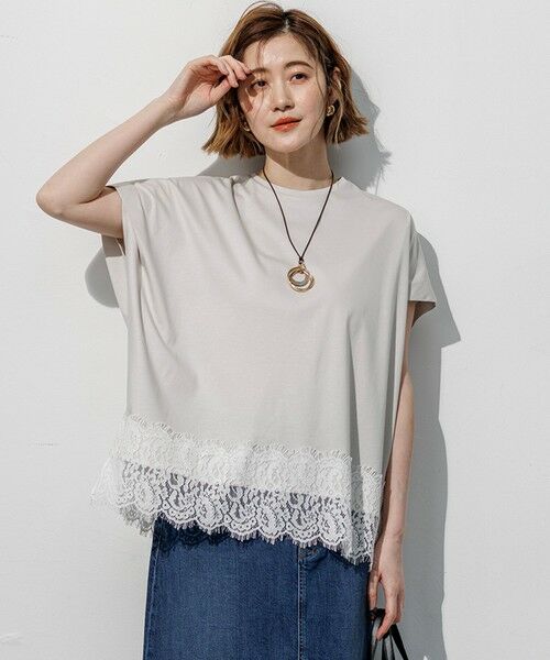 L size ONWARD(大きいサイズ) / エルサイズオンワード カットソー | 【一部予約】コットンフォルムレースコンビ カットソー（ライトグレー系）
