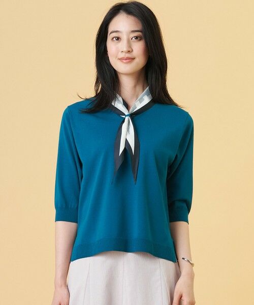 L size ONWARD(大きいサイズ) / エルサイズオンワード ニット・セーター | 【2WAY・シーンレスに活躍】SCARF KNIT Vネック ニット（ブルーグリーン×ネイビースカーフ系）
