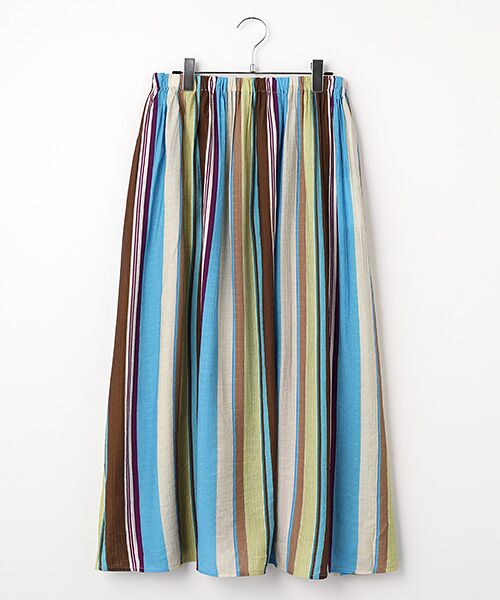 LOGEMENT DE CLAIRE / ロジュモンドクレール ロング・マキシ丈スカート | 【マルチストライプギャザーフレアスカート】（ブルー）