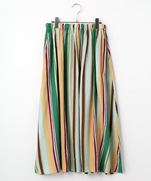 LOGEMENT DE CLAIRE / ロジュモンドクレール ロング・マキシ丈スカート | 【マルチストライプギャザーフレアスカート】（グリーン）