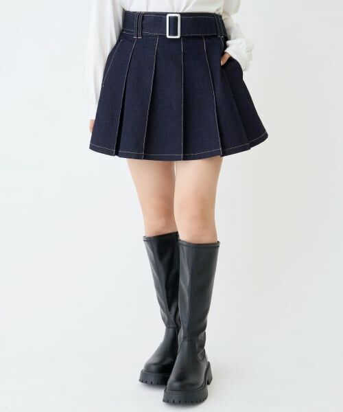 Lovetoxic / ラブトキシック ショート・ハーフ・半端丈パンツ | 【LTXC】美脚見えベルトつきデニムプリーツスカート（紺）