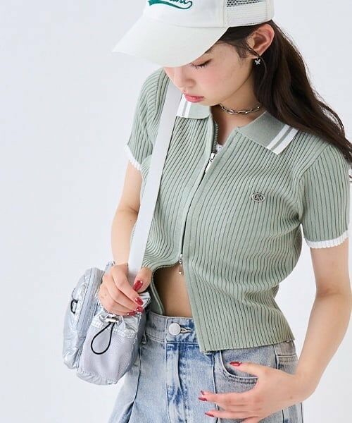 Lovetoxic / ラブトキシック ニット・セーター | 【LTXC】半袖衿ラインジップニット（薄カーキ）