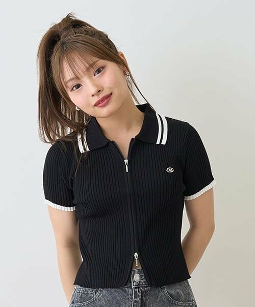 Lovetoxic / ラブトキシック ニット・セーター | 【LTXC】半袖衿ラインジップニット（黒）