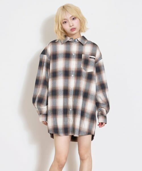 Lovetoxic / ラブトキシック ミニ丈・ひざ丈ワンピース | 【LTXC】【綿100％】チェックルーズシャツワンピース（茶）