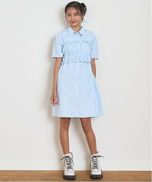 Lovetoxic / ラブトキシック ミニ丈・ひざ丈ワンピース | ビスチェ付シャツワンピース（ブルー）