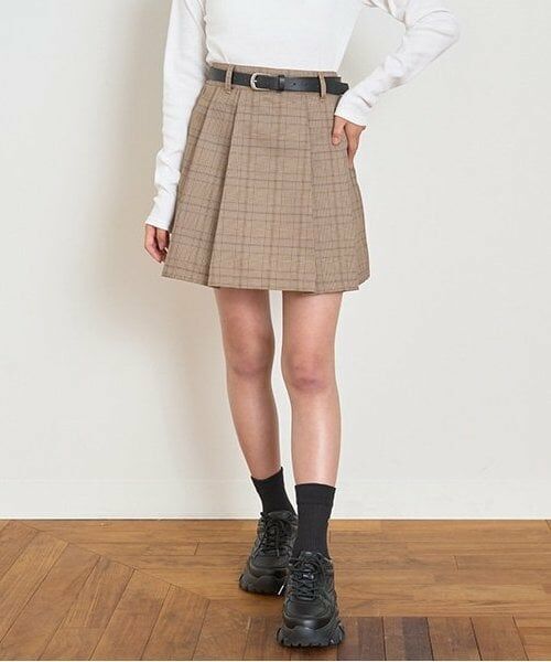 Lovetoxic / ラブトキシック ミニ・ひざ丈スカート | 【GOODPRICE】ベルトつきチェックプリーツスカパン(茶)