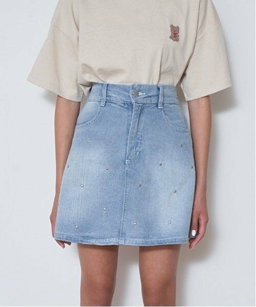 Lovetoxic / ラブトキシック ミニ・ひざ丈スカート | ハートスタッズ台形スカート(ライト ブルー)