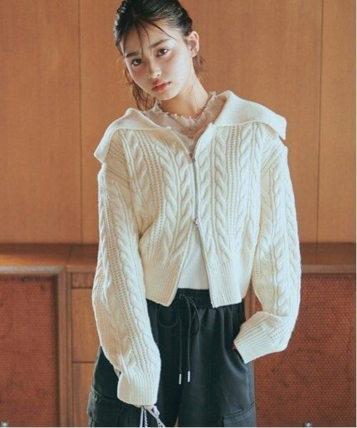 Lovetoxic / ラブトキシック カーディガン・ボレロ | 【洗える】ケーブルニットジップカーデ（アイボリー）