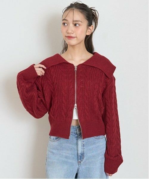 Lovetoxic / ラブトキシック カーディガン・ボレロ | 【洗える】ケーブルニットジップカーデ（ワイン レッド）