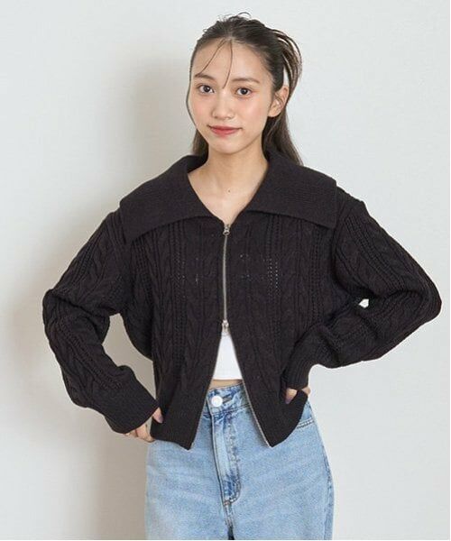 Lovetoxic / ラブトキシック カーディガン・ボレロ | 【洗える】ケーブルニットジップカーデ（黒）